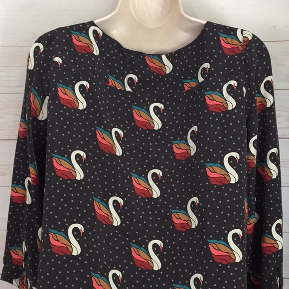 Fossil Sz Small Silk Swan Dress Brown, White, teal - Picture 7 of 10